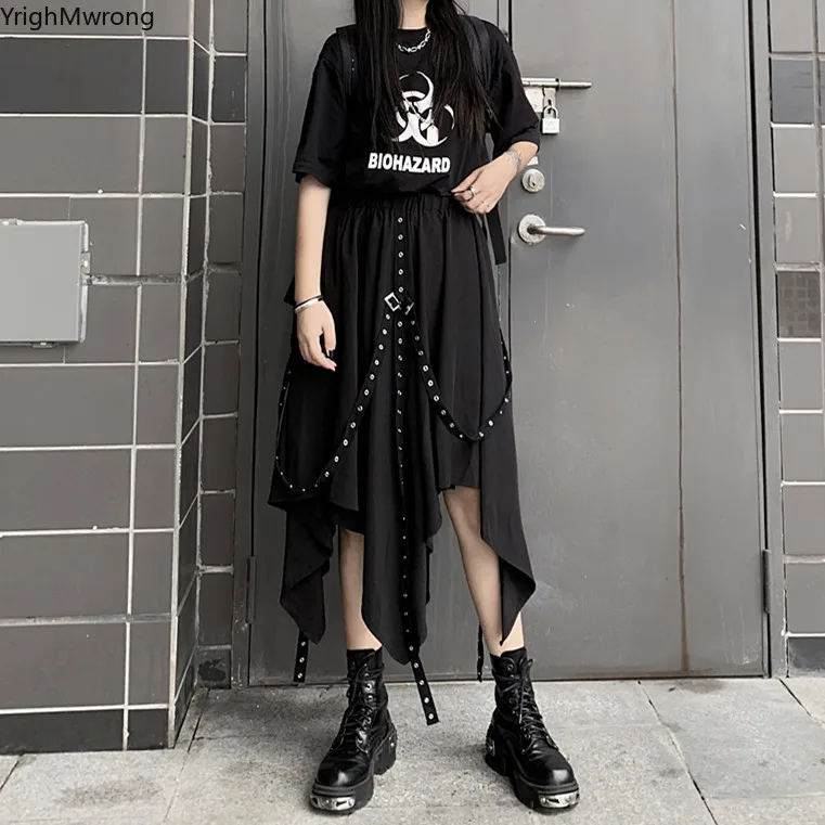 Сексуальная эластичная высокая Талия Панк Пряжка пояс лента Harajuku черная Асимметричная юбка в готическом стиле женская хип хоп Корейская миди длинная уличная