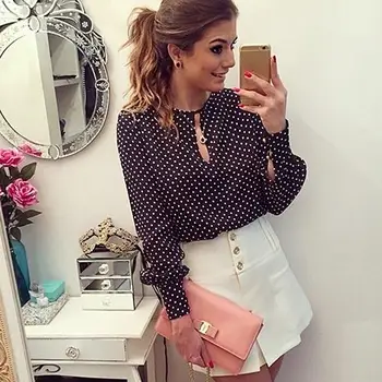 

Women Casual Top Dot Bubble Wave Point of the Long Sleeve Loose Shirt Blouse