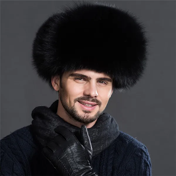Модная русская кожаная Кожаная Шапка-бомбер, Мужская зимняя шапка, Ушная шапка-ушанка, шапка из меха енота, черная шапка с лисой - Цвет: black
