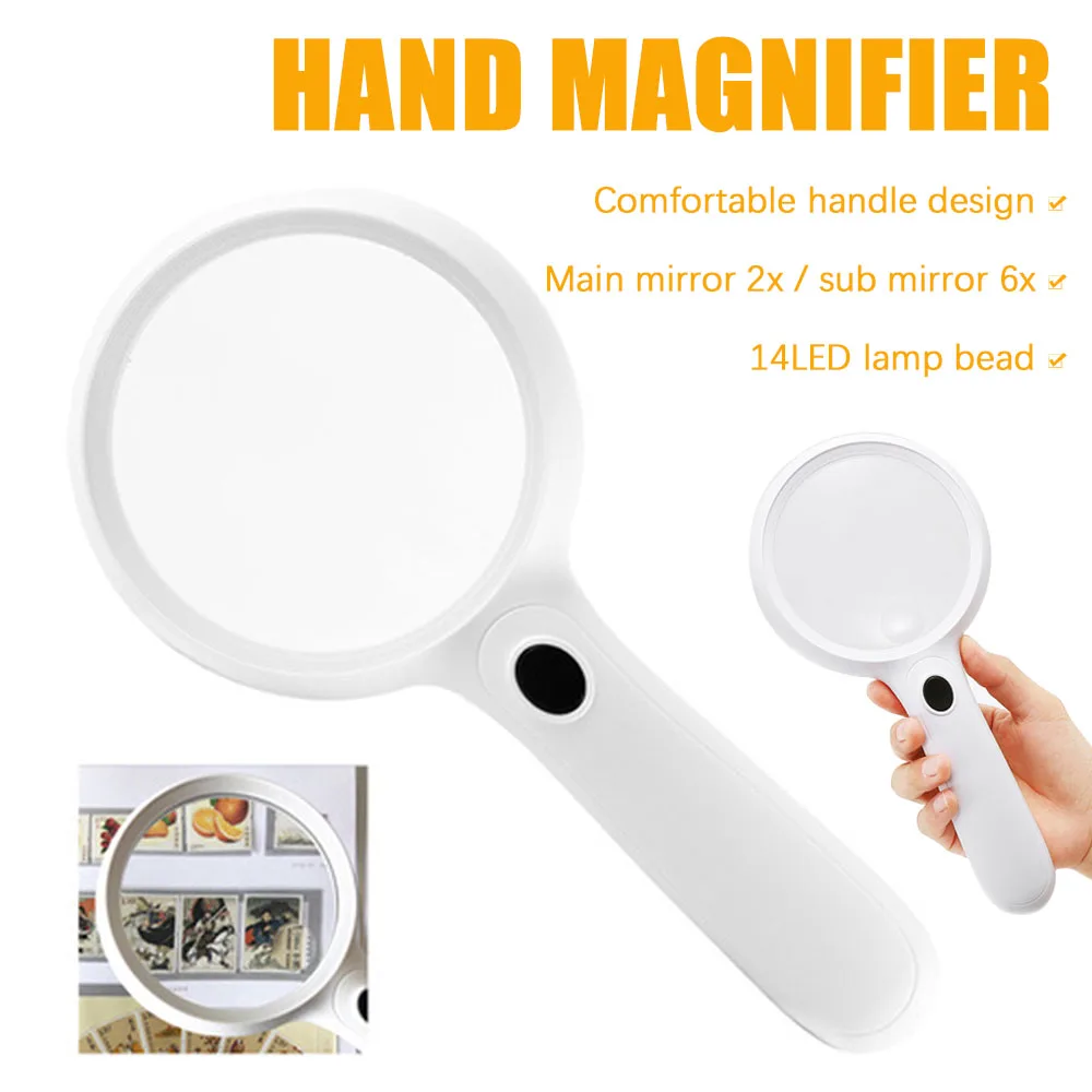 

2X 6X Super Large Handheld Magnifying Glass with LED Lights Portable USB Rechargeable Reading Clear Loupe