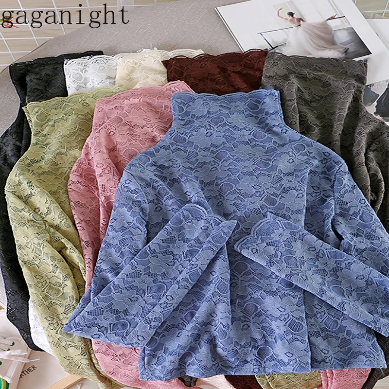 

Gaganight Lace Solid Blouse Long Sleeve Turtleneck Transparent Office Lady Basic Shirt Elegant Fashion Blusas Slim Chic Shirts