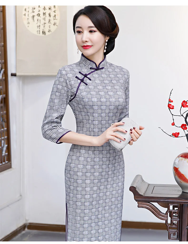 Весна стиль замша средней длины Cheongsam Улучшенная облегающая в клетку Чонсам в ретростиле женское платье