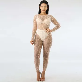 

New Women Sexy Mesh Pearl Beading Two Piece Set Summer Outfits See Through Tops and High Waist Pants Suit Matching 2 Piece Set