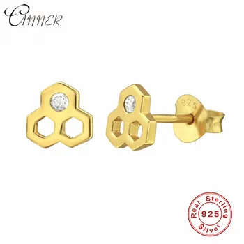 

CANNER 925 Sterling Silver Honeycomb Stud Earrings for Women Party Gift Geometric Crystal Earings Fashion Jewelry Korean Earring