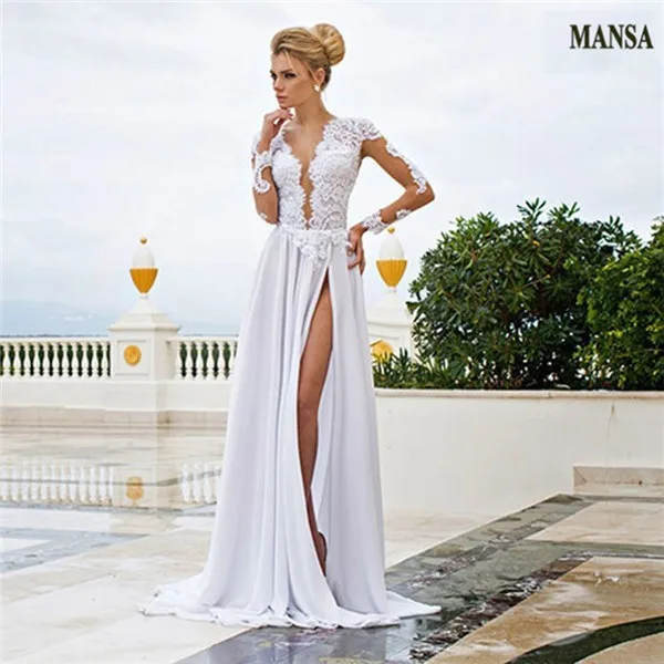Elegante V-hals Open Back Top Lace Sheer Terug Met Mouwen Lange Met Hoge Split Vestido De Noiva Curto Moeder van De Bruid Jurken Elegante V-hals Open Back Top Lace Sheer Terug Met Mouwen Lange Met Hoge Split Vestido De Noiva Curto Moeder van De Bruid Jurken