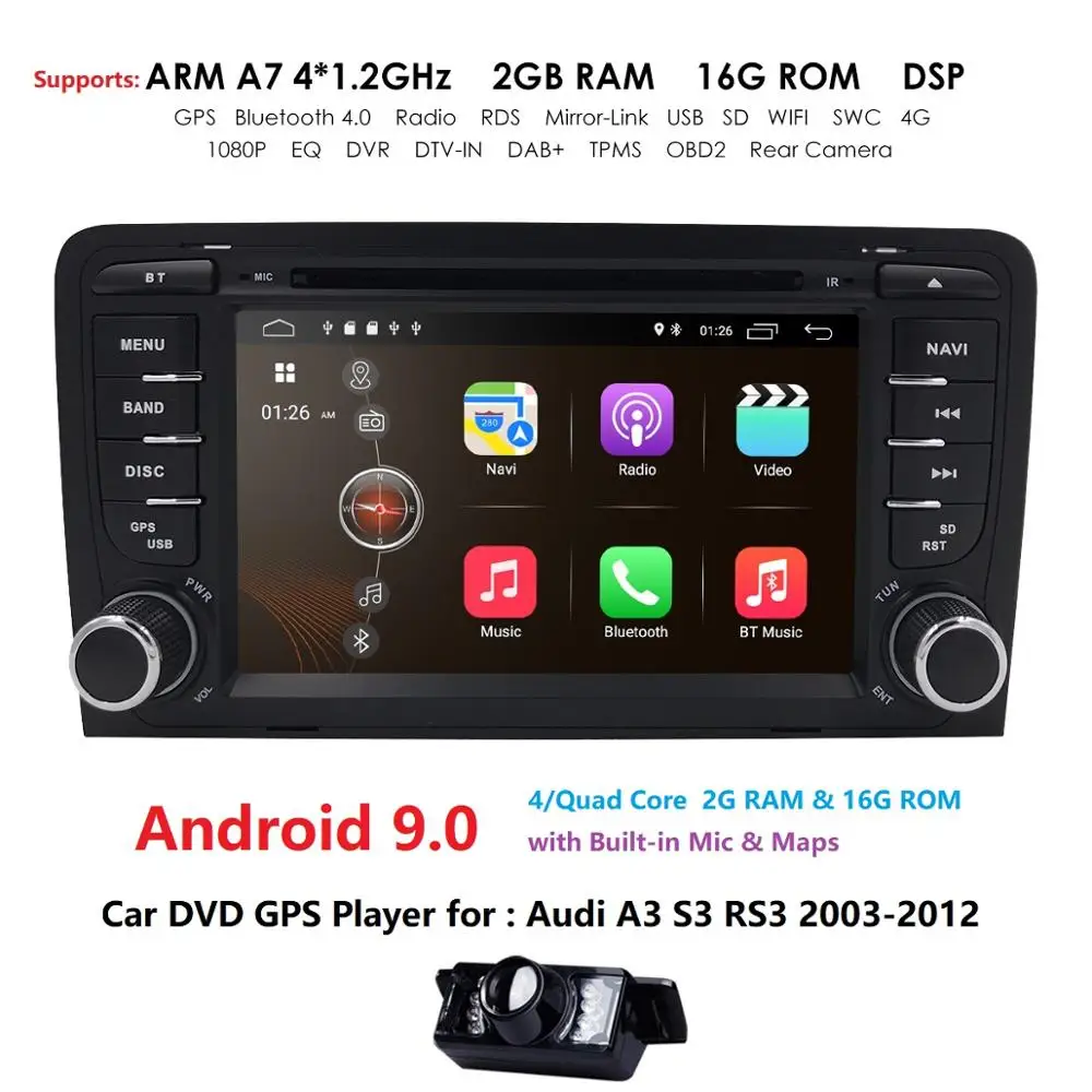 Sale Ossuret Quad core 2 din Android 9.0 Car GPS Navigation for Audi A3 (2003-2011) Stereo AutoRadio Bluetooth WIFI 4G DVD DAB CAM 1