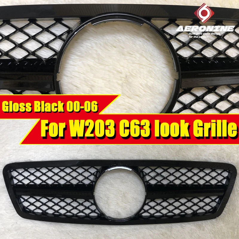 For Mercedes C Class W203 C203 Sedan Sports Front Grille Grill Grills C63 Style ABS Gloss Black Direct 1:1 Replacement 2000-2006 |