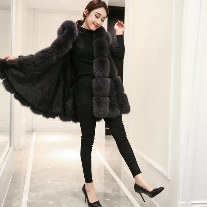 Женское пальто из искусственного меха, Осень-зима, модное повседневное теплое меховое пальто без рукавов с капюшоном, юбка из искусственного лисьего меха, женский меховой жилет