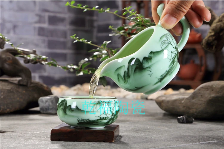 Кунг-фу чай есть костюм Celadon чай горшок ручной рельеф рыба чайная чашка Исин ярмарка чашка для церемонии пейзаж чайный сервиз