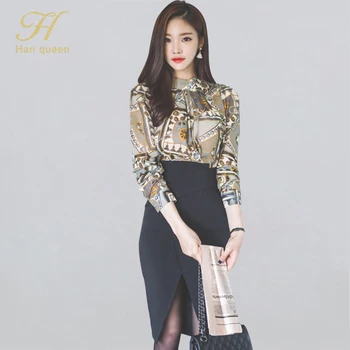 

H Han Queen New Arrived Women's 2 Pieces Suits Vintage Print Shirt Crop Top And Sheath Bodycon Pencil Skirt Work Set Office Lady