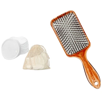 

1 Pcs Hand Made Amber Air Cushion Hairstyling Paddle Brush & 12 Pcs Bamboo Cotton Cloth Facial Makeup Remover