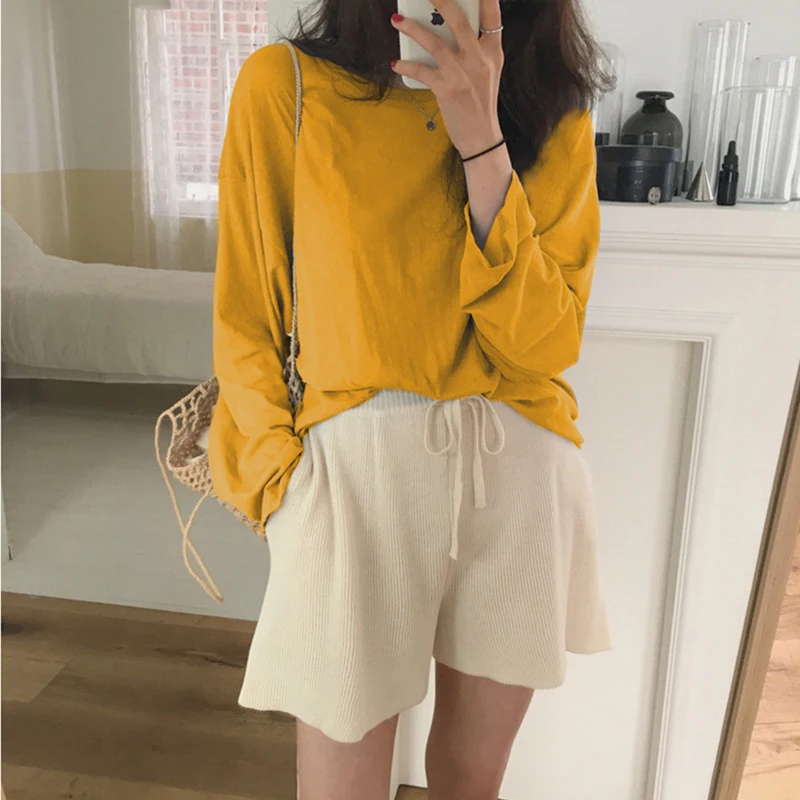 harajuku T-shirts Women Long Sleeve Tees autumn New Simple Korean Classic O-Neck Solid Loose All-match Student T shirt Tops