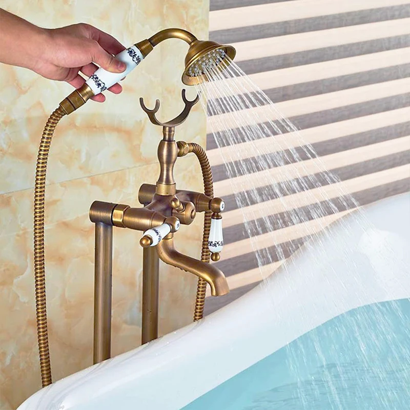 Antique Floor-Standing Bathtub Sink Faucet Bathroom Shower Set Standing Bathtub Faucet With Shower Telephone Style Hot  And Cold 4