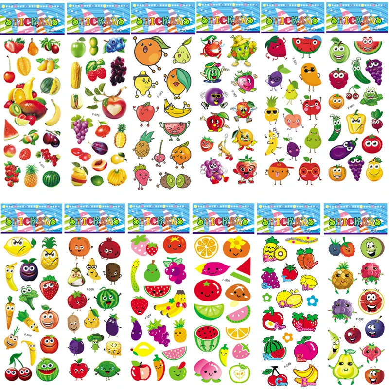 

6 Sheets kpop Vegetable Fruit 3D Stickers Cartoon Bubble Puffy Sticker Pack not repeat Education toy for kids girl Watermelon