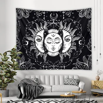 

Painting Nordic Moon Art Tapestry Galaxy Modern Black Psychedelic Tapestry Wall Aesthetic Sun Tapisserie Wall Decor BY50TA