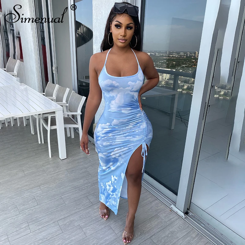 Simenual Tie Dye Drawstring Side Slit Women Maxi Dresses Strap Sleeveless Party Club Fashion Slim Backelss Bodycon Halter Dress Simenual Tie Dye Drawstring Side Slit Women Maxi Dresses Strap Sleeveless Party Club Fashion Slim Backelss Bodycon Halter Dress