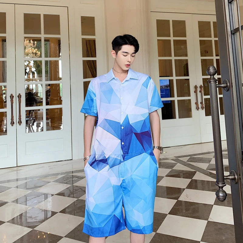 Men's Wear 2020 Summer Geometric Pattern Beach Men's Half Sleeve Shorts Overalls For Male Tide New Clothes