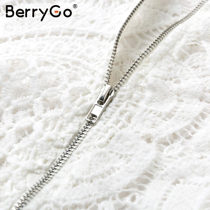 BerryGo сексуальное открытое белое платье с высоким воротом, женское элегантное кружевное платье с длинным рукавом для вечеринки, шикарное прямое женское осеннее короткое платье