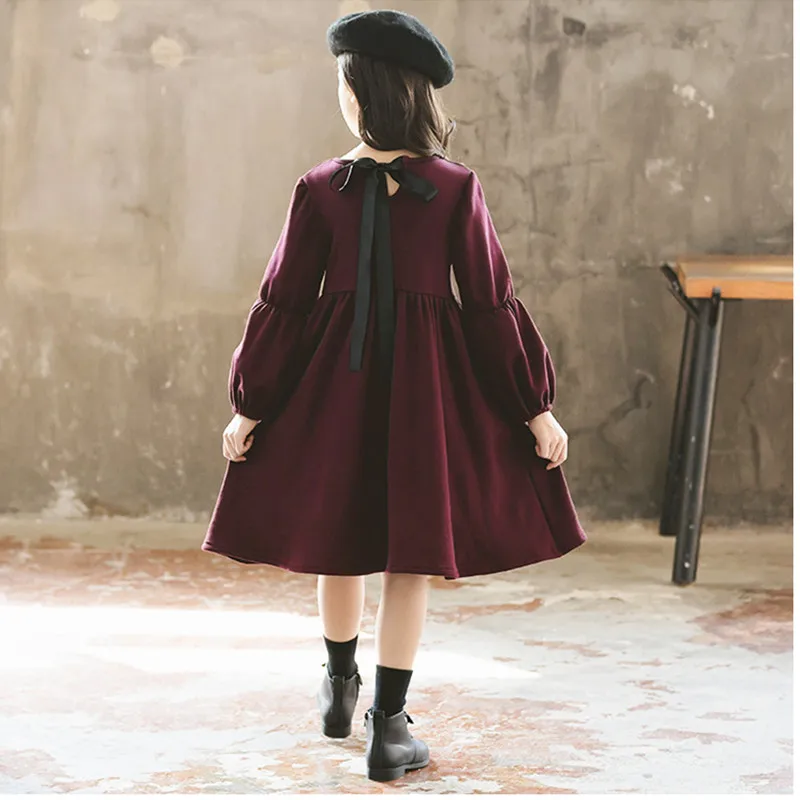 children girls fashion winter cotton fleece warm flare princess dresses kids girl long sleeve back- bow casual dress clothes