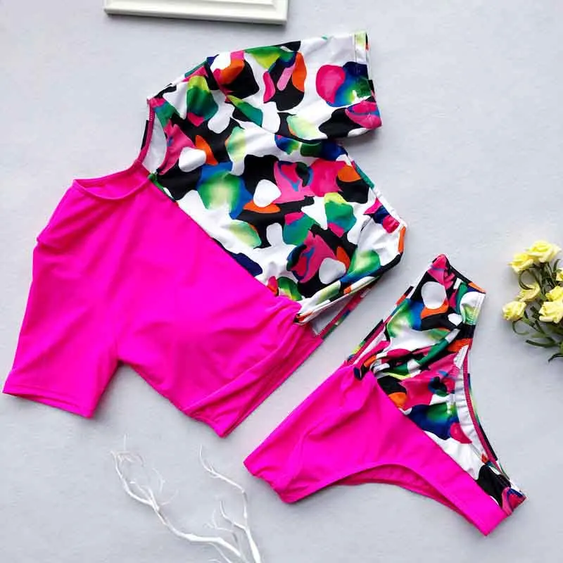 

Summer Swimsuit Women Leopard Patwhork Bikini Set 2019 New Short Sleeve Sports Swimwear Push Up Bathing Suit Monokini