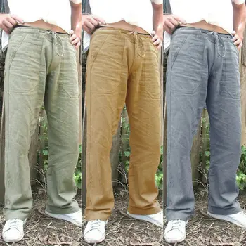 

Plus Size M-XXL Men's Summer Mid Waist Solid Cotton And Linen Trousers Long Pants Male Men Casual Harem Pants