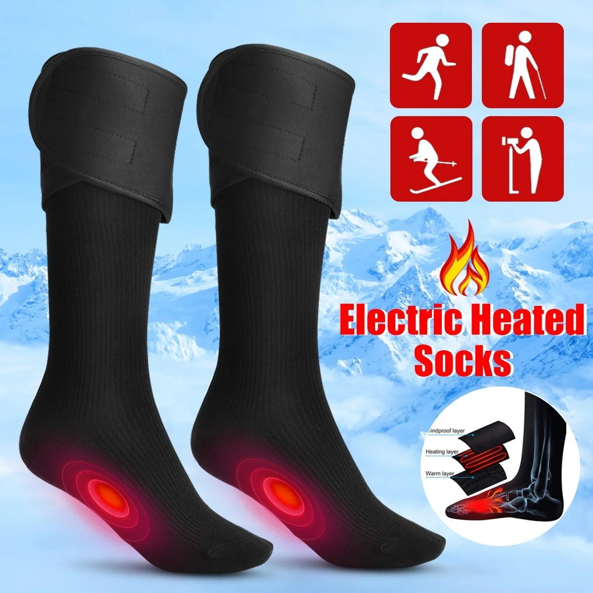 

Heated Ski Socks Cotton Black Comfortable Breathable Electric Battery Multifunctional Sportswear Ice Fishing Adults