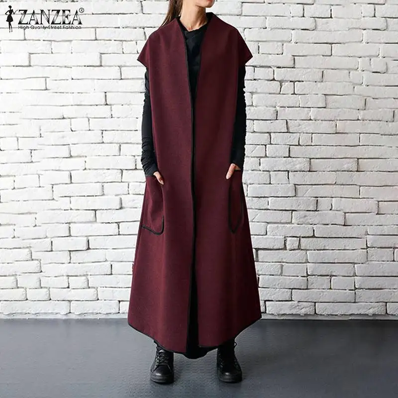 ZANZEA, осенние женские жилеты, куртки, без рукавов, с поясом, тонкое пальто, пальто с карманами, полная длина, длинные макси куртки размера плюс S-5XL