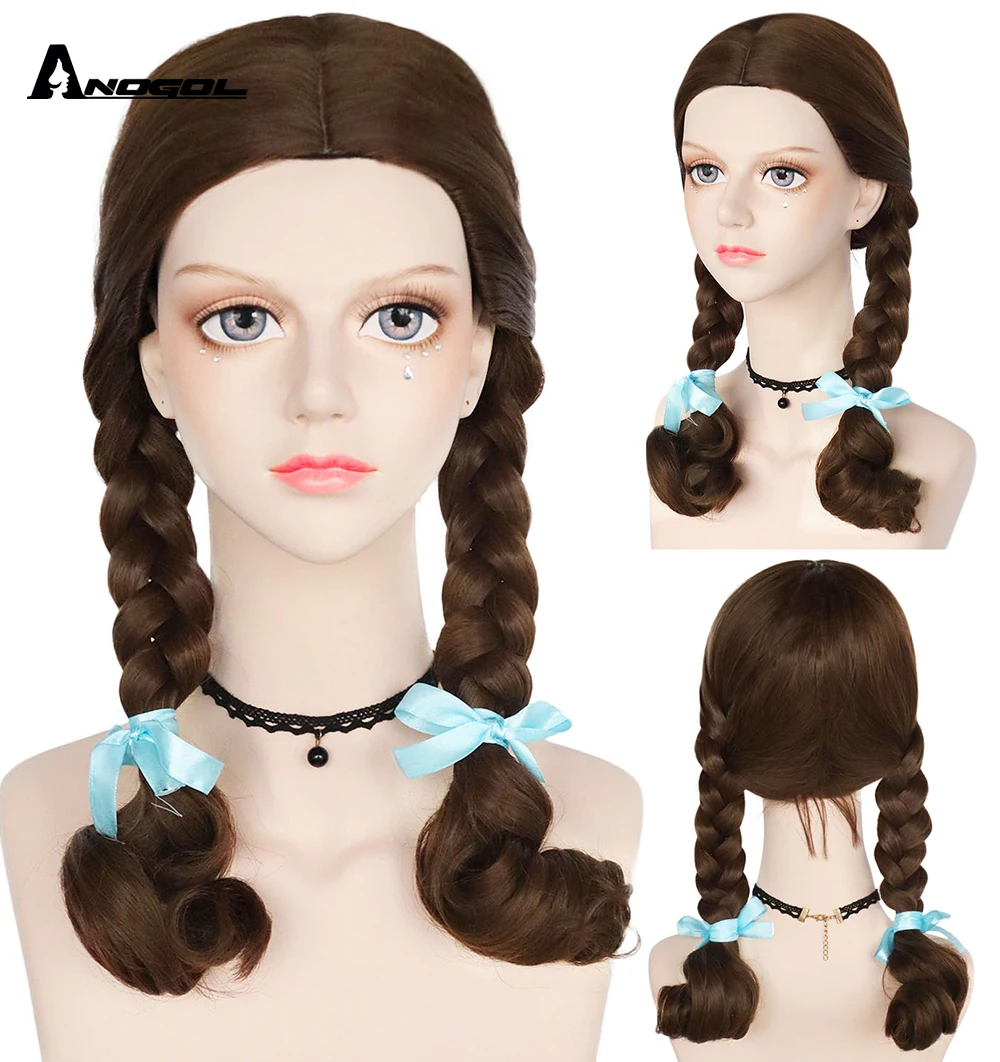 Anogol Dorothy Cosplay Wig DG Girl Dorothy Brown Curly Ponytails Heat-resistant Fiber Synthetic Hair Wigs