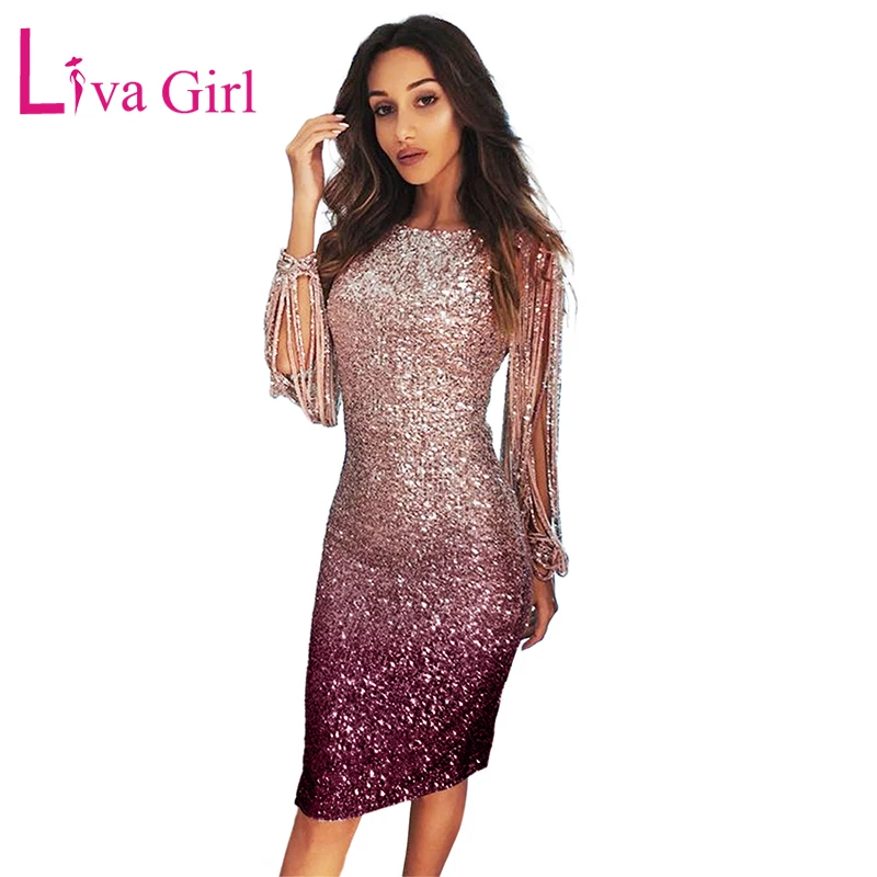 Блестящее облегающее женское платье миди LIVA GIRL с эффектом омбре и рукавами