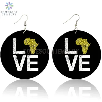 

SOMESOOR Love African Dope Locs Black Artstic Wooden Drop Earrings Vintage Double Sides Printed Wood Dangle Loops For Women Gift