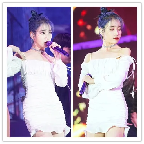 

kpop IU Lee Ji Eun concert same white temperament strapless long-sleeved dress women summer High street sexy sling mini dresses