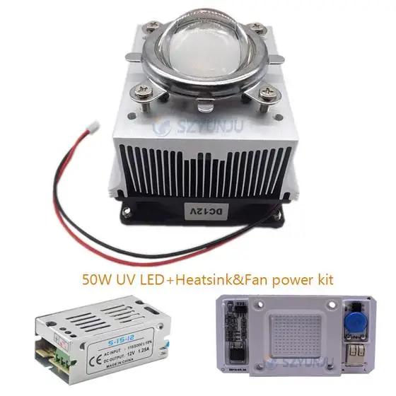 LED.Lens.Heatsink 50 Вт светодиодный COB УФ лампа чип Smart IC 110 В/220 В нм 400нм DOB AC Ультрафиолетовый+ радиатор+ 12 В 1.25A Светодиодный источник питания - Испускаемый цвет: LED.Lens.Heatsink