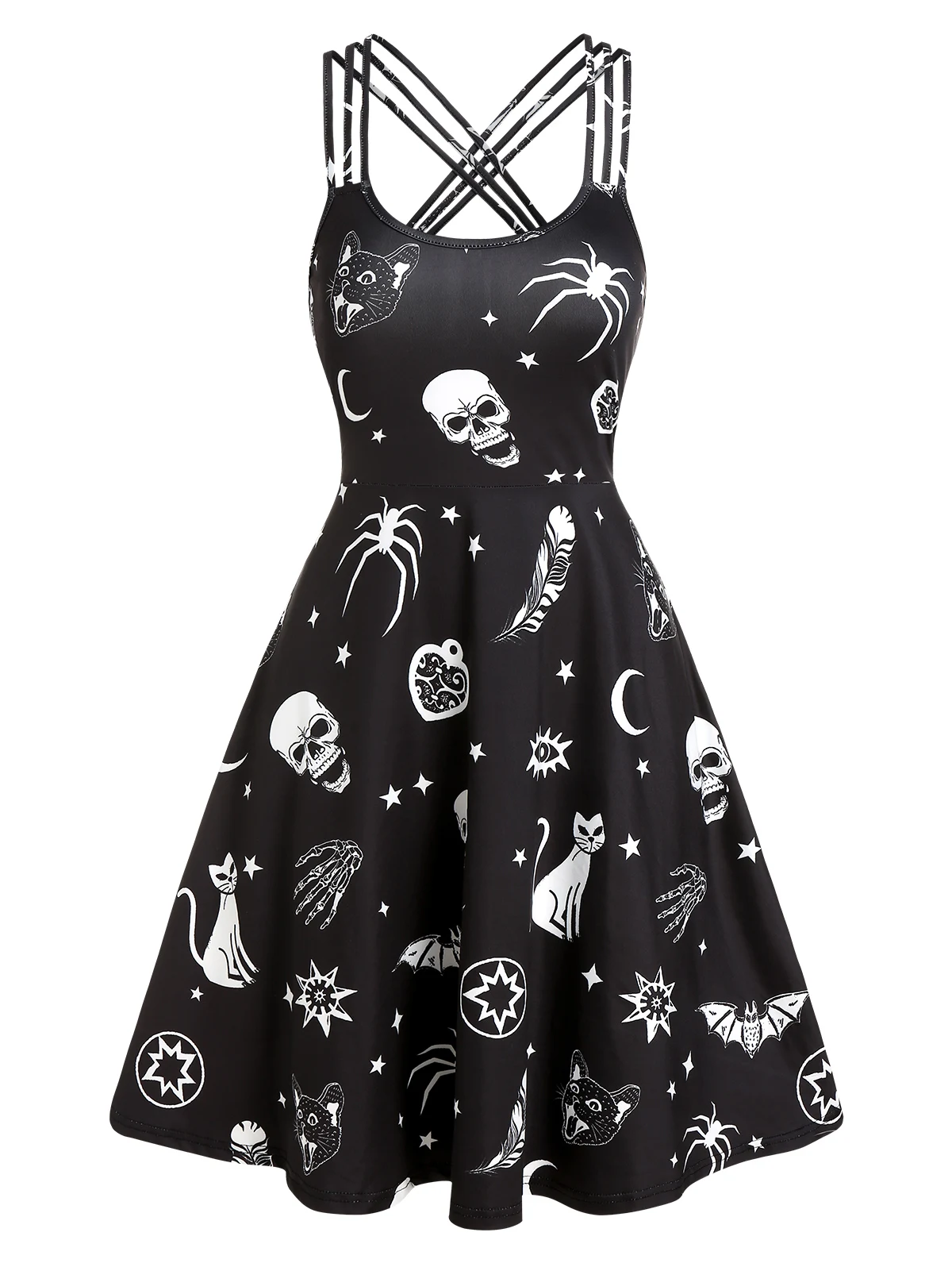 Wipalo Plus Size Women Black Mini Dress Gothic Skull Animal Print Cami Casual Halloween Aesic Vintage Female Femme | Женская одежда