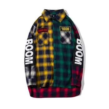 

#0974 Autumn 2019 Streetwear Hip Hop Shirts For Men Long Sleeve Letters Printed Streetwear Plaid Long Shirt Men Loose Harajuku