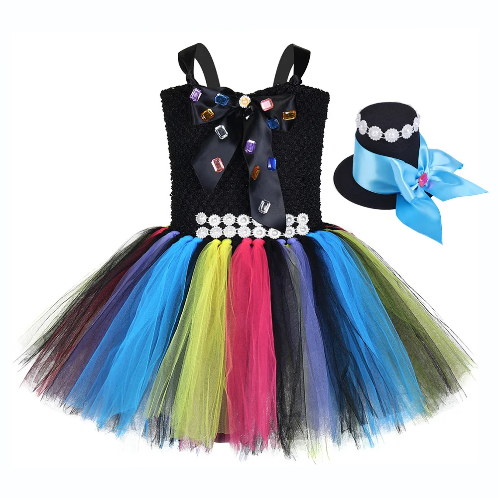 Girls Alice in Wonderland Halloween Mad Hatter Costume for Kids Twinkle Beading Bow Christmas Clothes Party Tutu Dress with Hat |