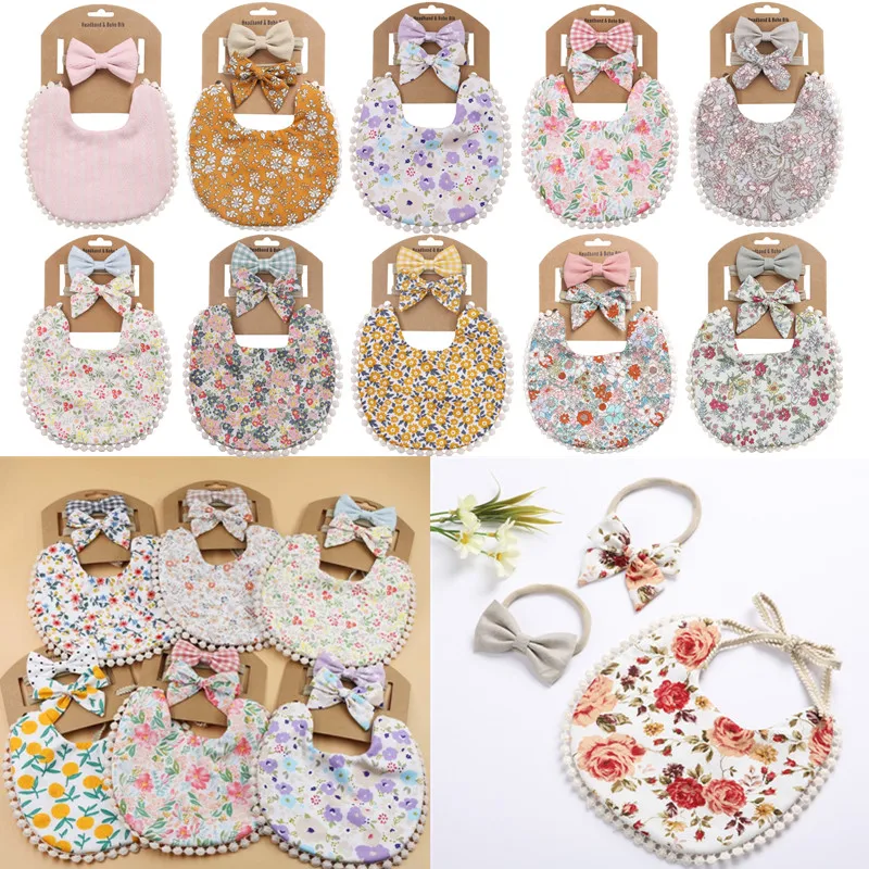 3 Pcs Linen Cotton Baby Bibs Baby Headbands Set Double Side Floral Tassel Saliva Towel Newborns