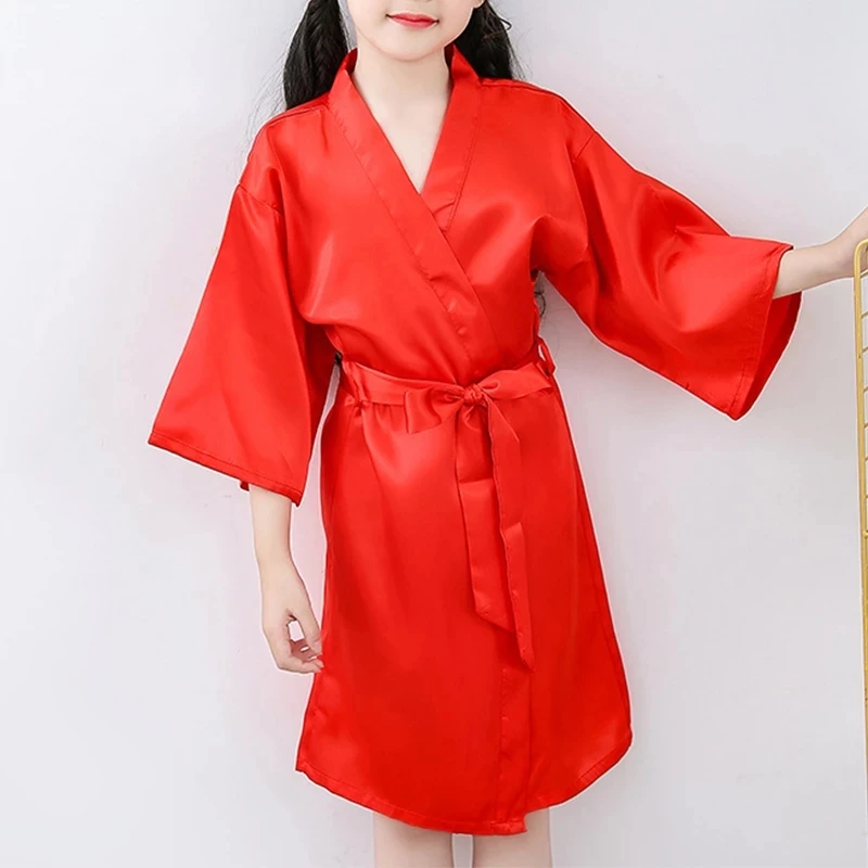 

Летняя тонкая детская пижама, модное повседневное однотонное шелковое атласное кимоно для девочек, халаты, халат, одежда для сна, домашняя одежда