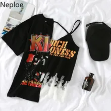 Neploe Harajuku панк Футболка женская черная Базовая футболка с открытыми плечами Готический хлопок кружево с буквенным принтом женские топы корейский летний