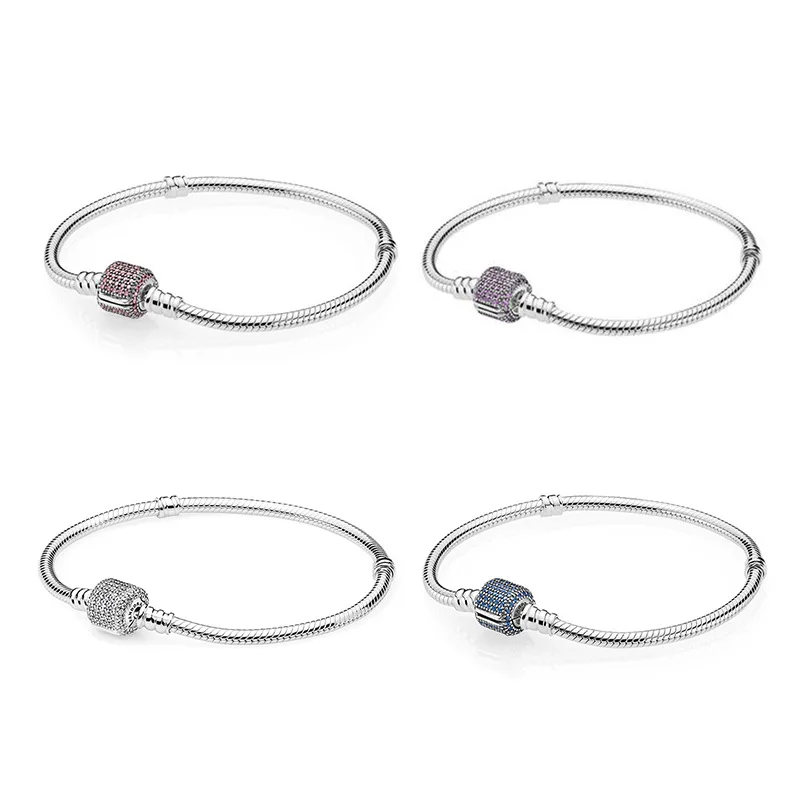 

Hot Selling Pan 1: 1 Diamond Set Cylindrical Classic Buckle 925 Silver Blue Pink Purple Bracelets Snake Bones Chain