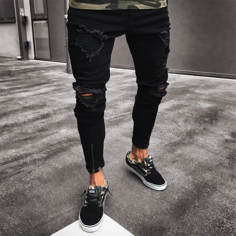 Pantalones vaqueros rasgados hombre, deshilachados, ajustados, con cremallera, estilo Hip Hop, negro - AliExpress Ropa de