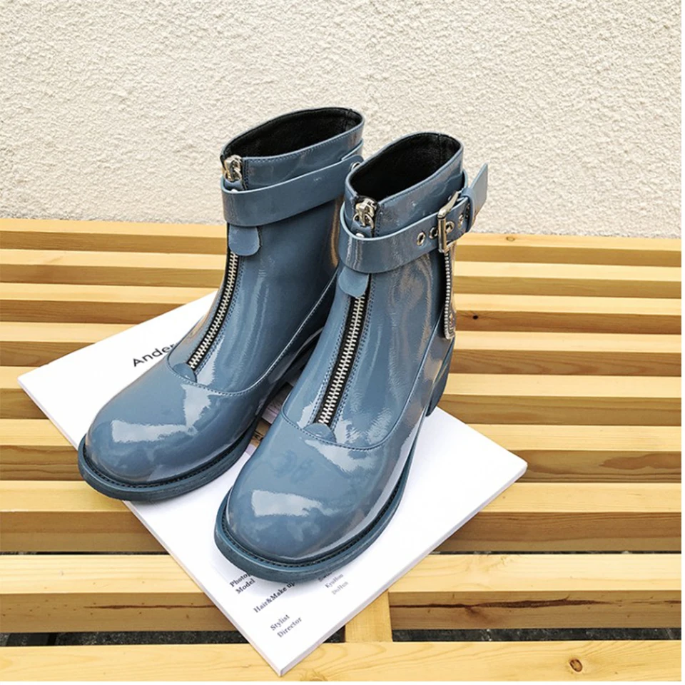 

BELLECOMAutumn and winter new women's shoes patent leather front zipper short boots warm Martin boots