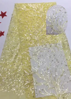 

High Quality African Lace Fabrics Yellow Color Nice French Embroidery Sequins Tulle Lace Fabric For Nigerian Party Dress T3308