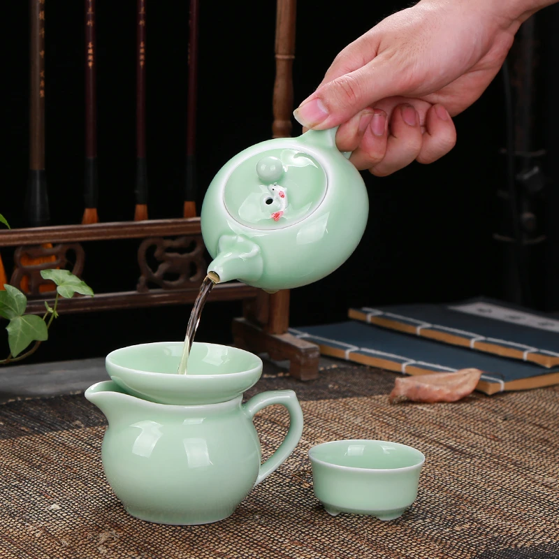 Longquan Celadon Fish Tea Set Ceramic Kettle Ceramic Gaiwan Tea Cup fish chinese kung fu tea pot drinkware For friend Gift