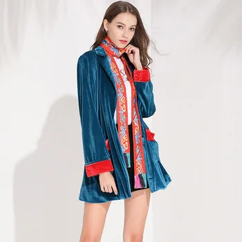 

Leisure Suit Velvet Retro-national Style Autumn 2019 New High-end Wear Cardigan Belt Scarf Royal Blue Indie Folk Personality