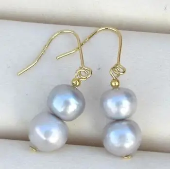 

>>>>noble jewelry PERFECT 9-10mm AAA+gray pearl drop earring 14K/20 YELLOW GOLD