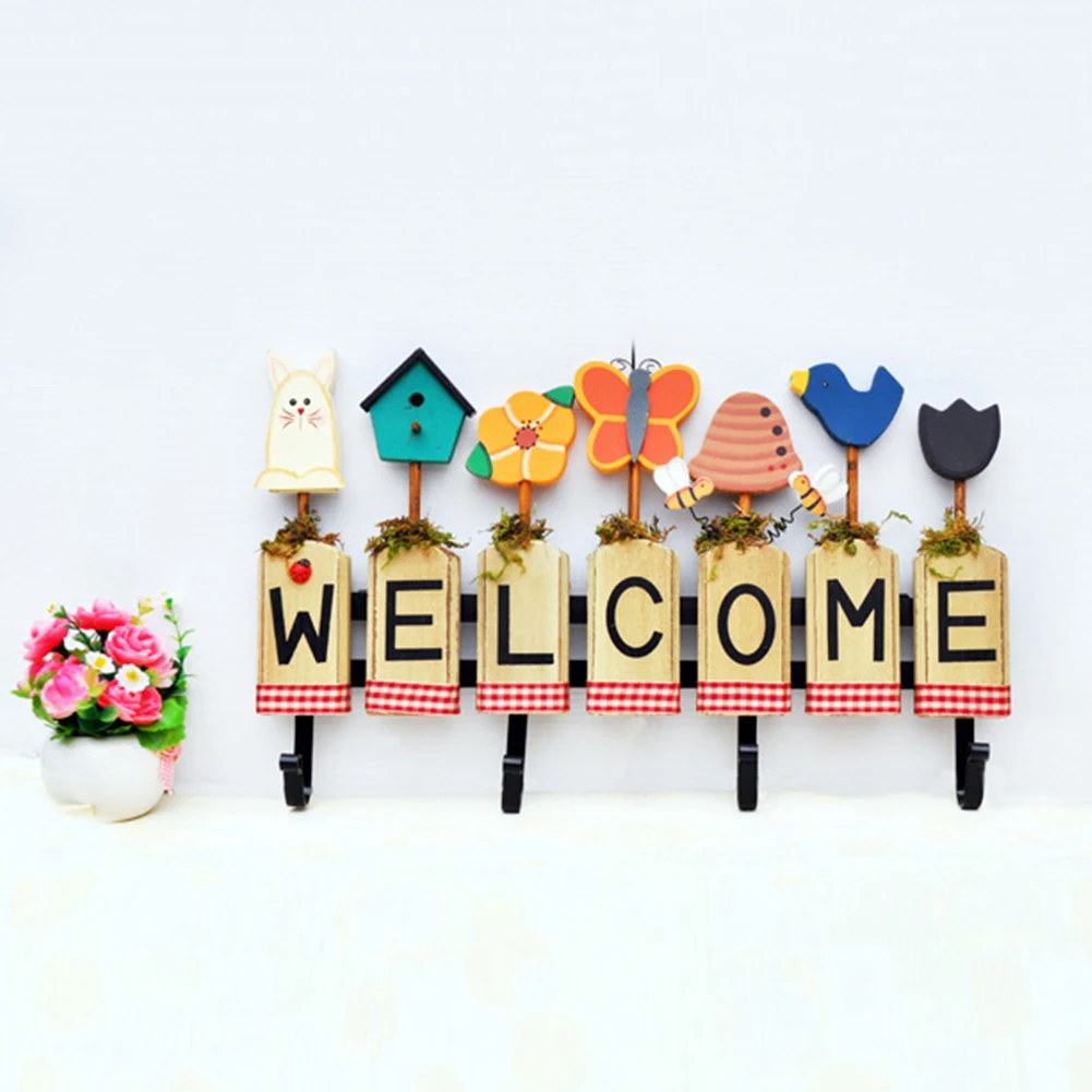 Welcoming Letter Hanging Wooden Easy Install Wall Hook Space Saving Universal Home Porch Butterfly Bee Pattern Decorative Cute