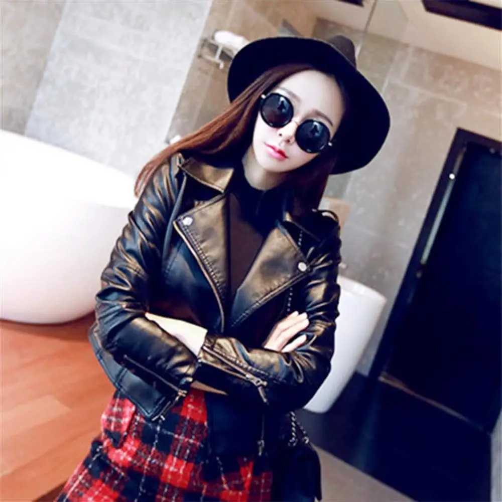 

2019 New Autumn Leather Clothing Fashion Casual Female Short Section Slim Coat Motorcycle Leather Jacket Large Size