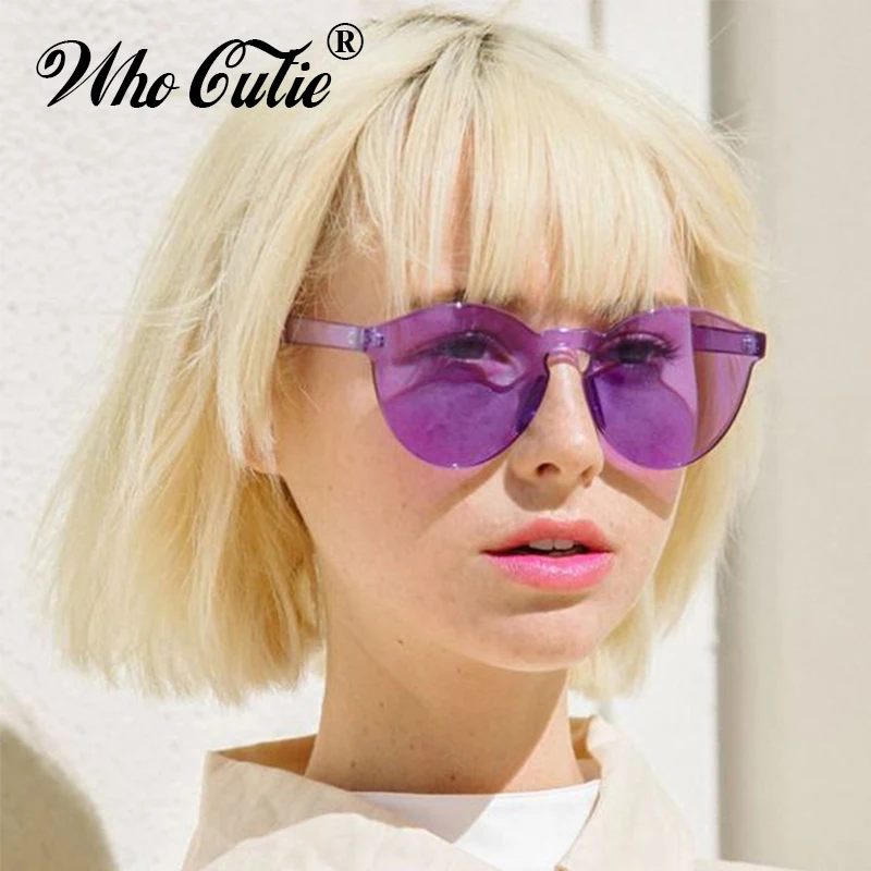 

WHO CUTIE 2018 Purple Round Frameless Sunglasses Men Women Brand Designer Vintage One Piece Transparent Sun Glasses Shades OM672