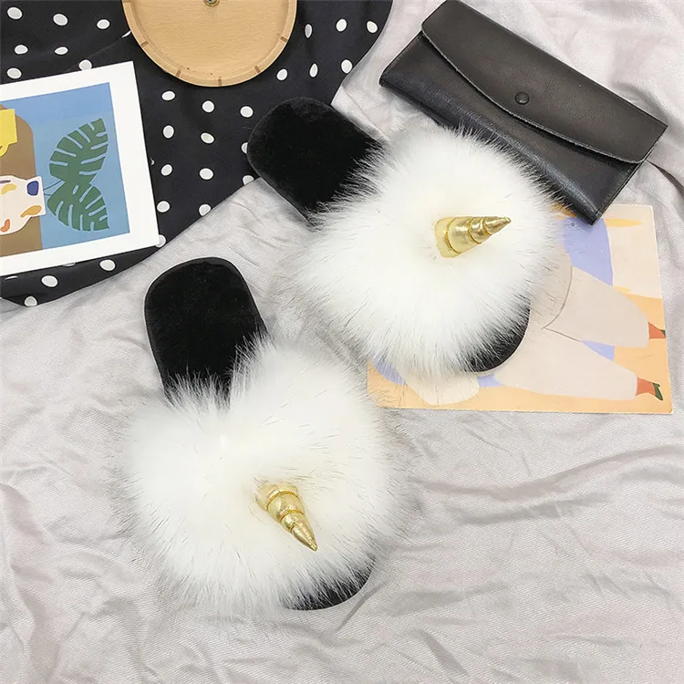 COOTELILI Winter Women Home Slippers with Faux Fur Fashion Warm Shoes Woman Slip on Flats Female Slides Black Christmas Gift