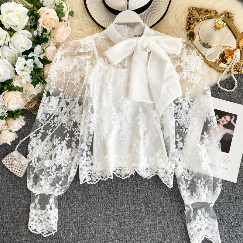 Bow Stand Collar Puff Sleeves Lace Shirt Top Women's 2019 Spring And Autumn New Perspective Fashion Elegant Women Tops |